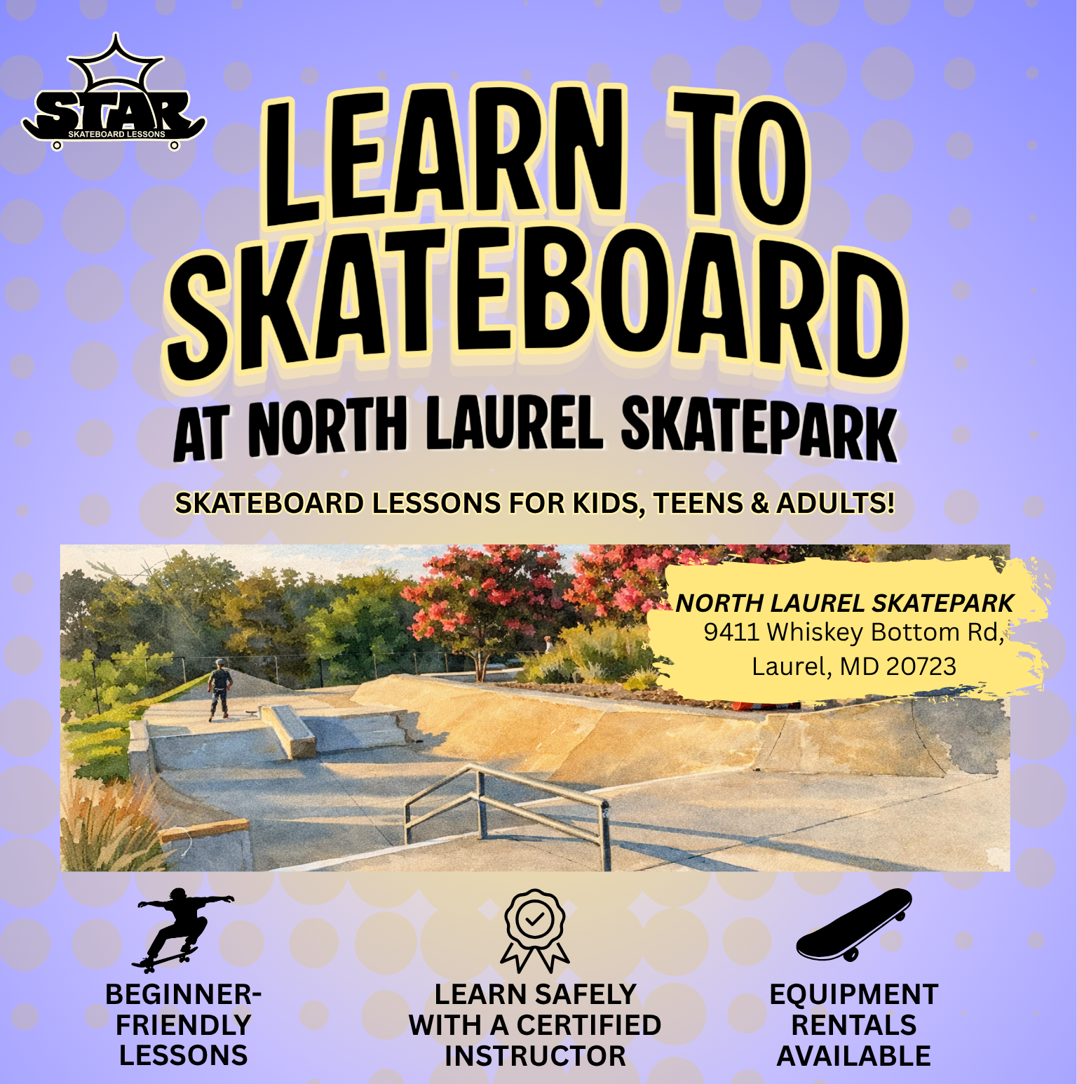 Promotional flyer for skateboard lessons at North Laurel Skatepark