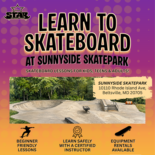 Promotional flyer for STAR Skateboarding's 'Learn to Skateboard at Sunnyside Skatepark' program, featuring a purple-to-yellow gradient background, a photo of the concrete bowl, and contact details.